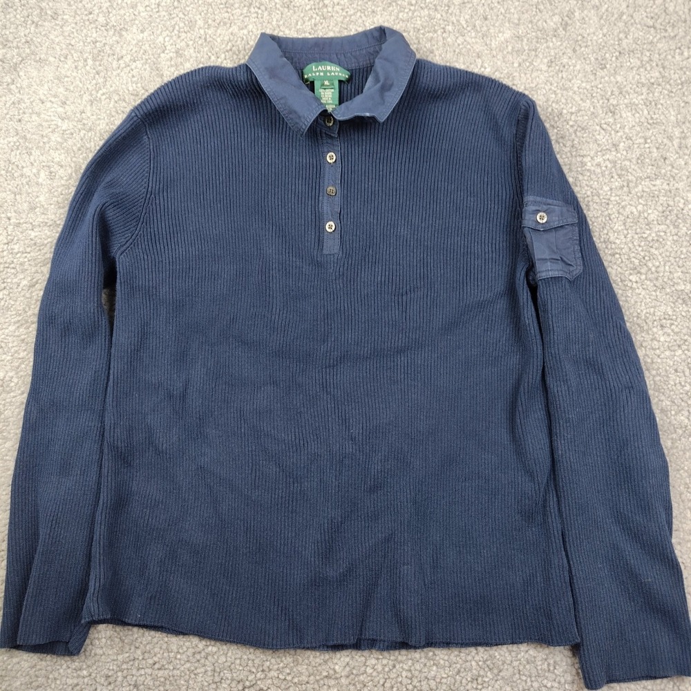 Lauren Ralph Lauren Navy Ribbed Cotton Polo Sweater Womens XL Sleeve Pocket